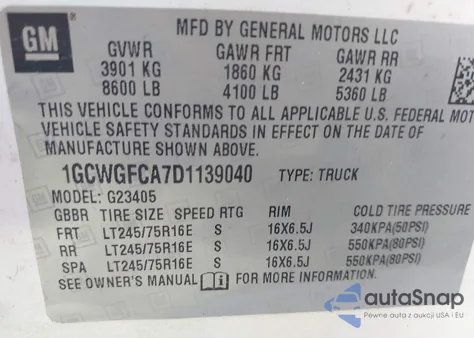 2013 Chevrolet Express 2500 Work Van z USA, uszkodzony, nr VIN 1GCWGFCA7D1139040